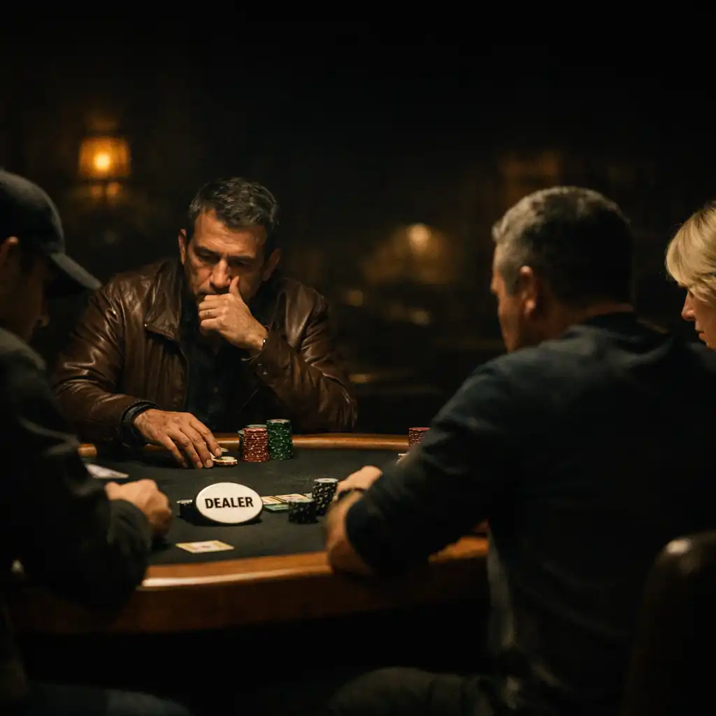 Players gathered around a focused live poker table in a warmly lit card room