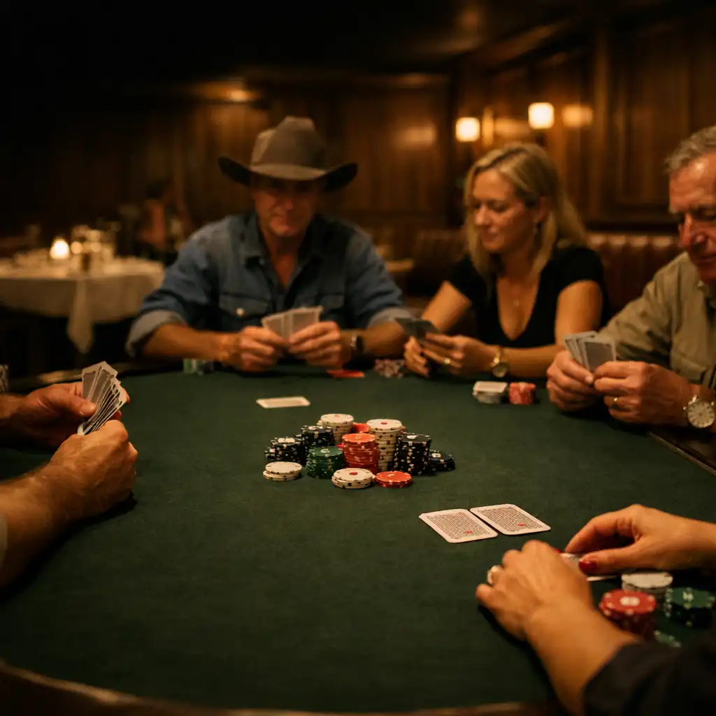 A dark green felt poker table with guests in a warmly lit timber and leather restaurant.