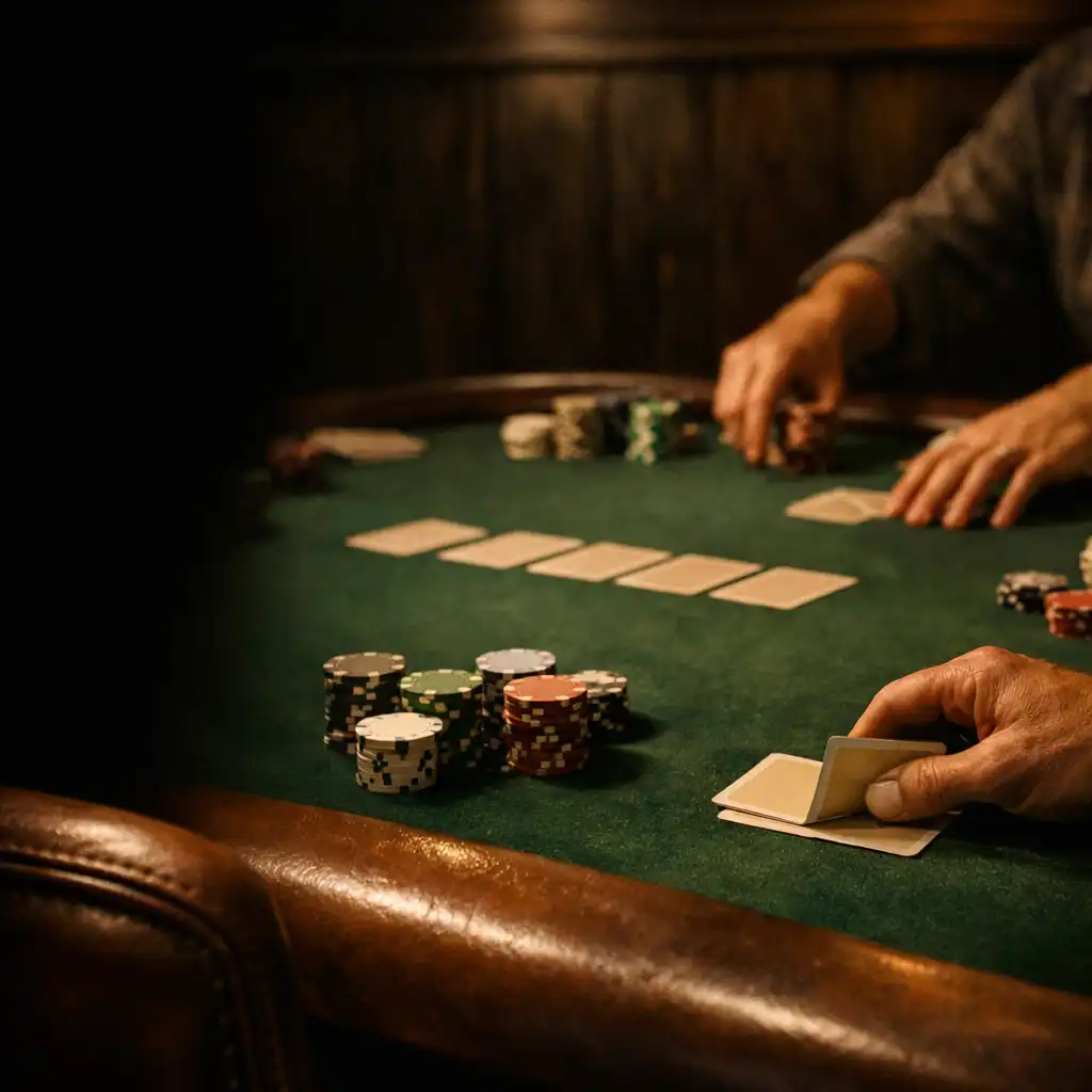 Hands arranging cards and chips on a dark felt poker table in low warm light