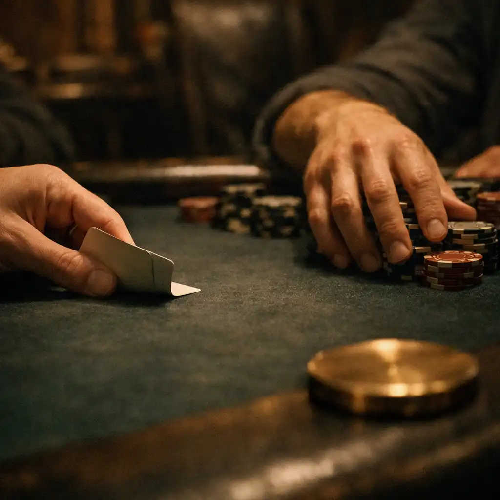Players’ hands holding cards and gathering chips at a live felt table