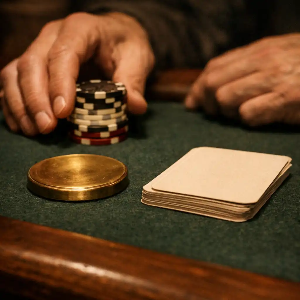 Hands, cards, poker chips and a dealer button on a dark green felt table