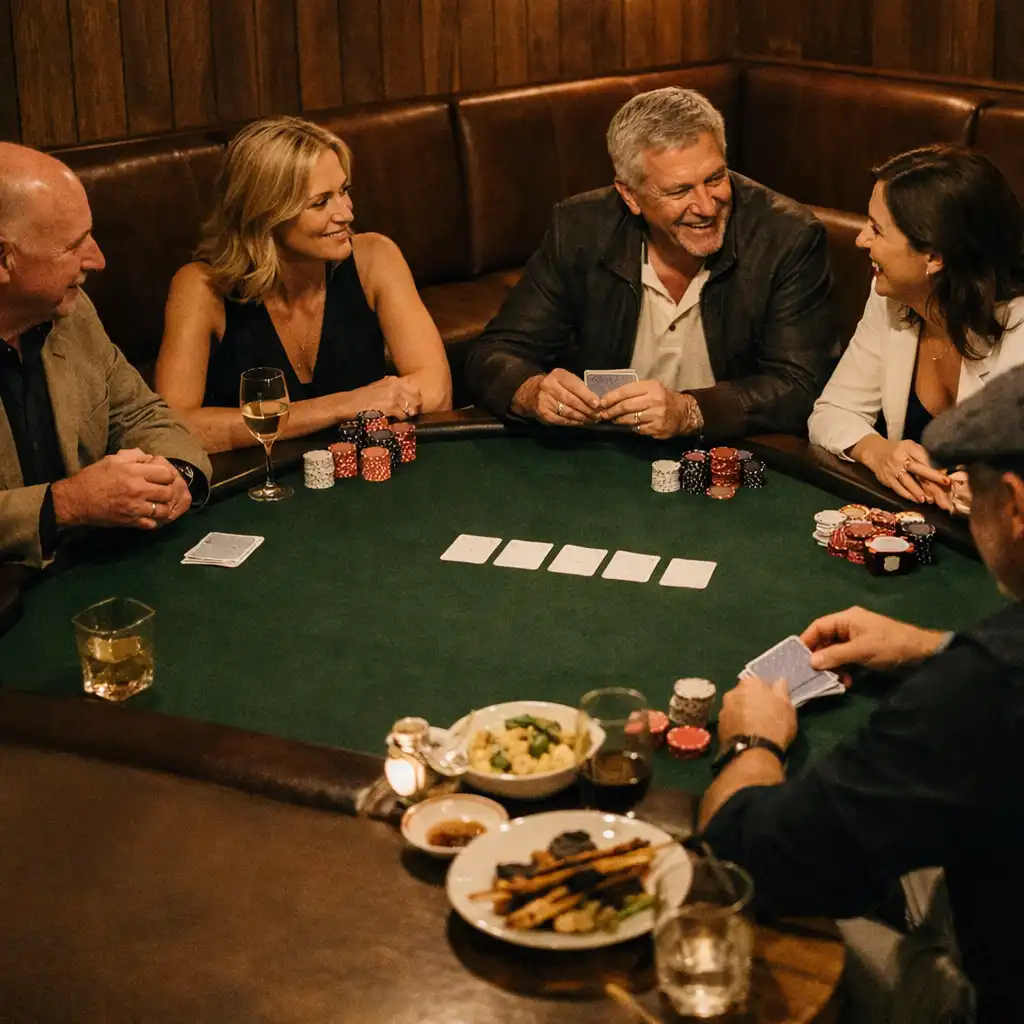 Group gathered around a poker table in a timber and leather social club setting