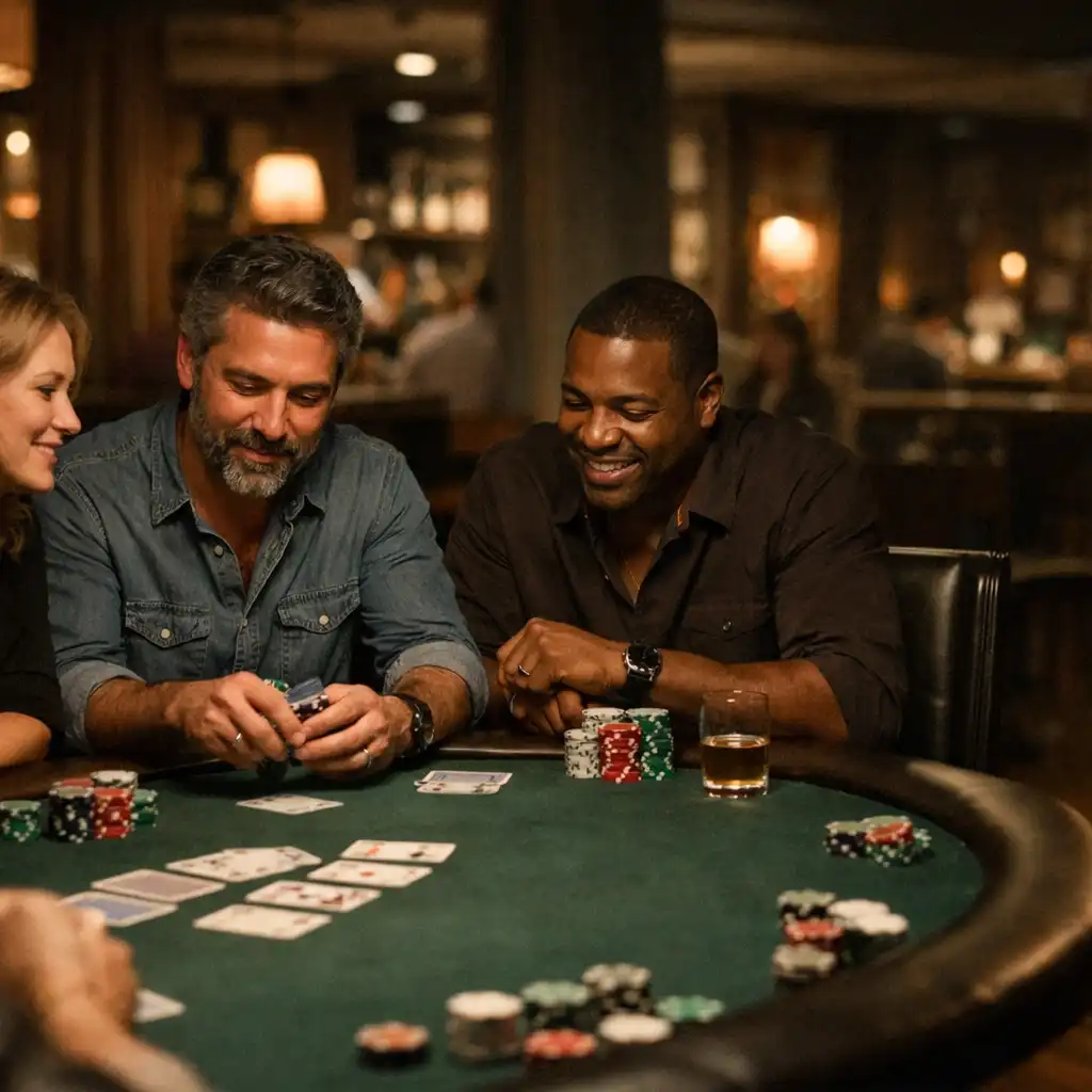 Friends gathered around a real poker table in a warmly lit card room.