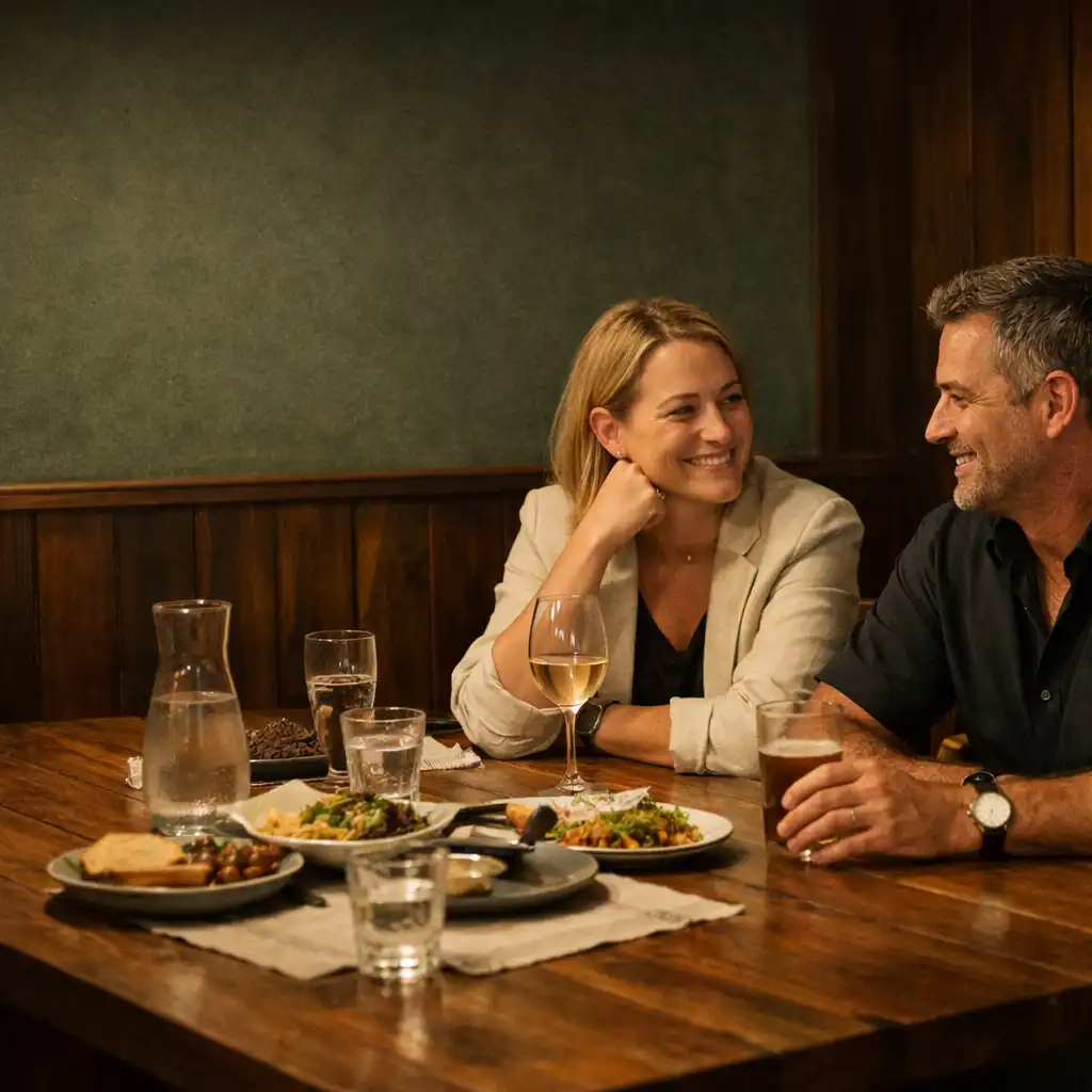 Two guests enjoying shared plates and conversation at a warm timber dining table.