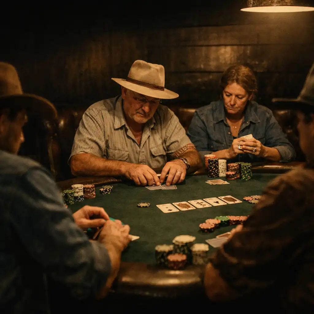 Guests gathered around a dark felt live poker table, with cards and chips in play.