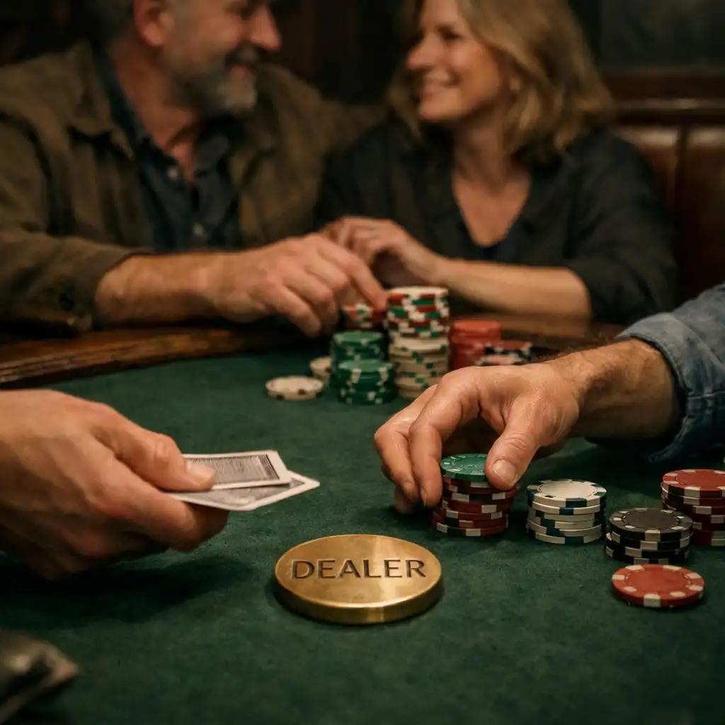 Hands arranging cards and chips at a social live poker table.
