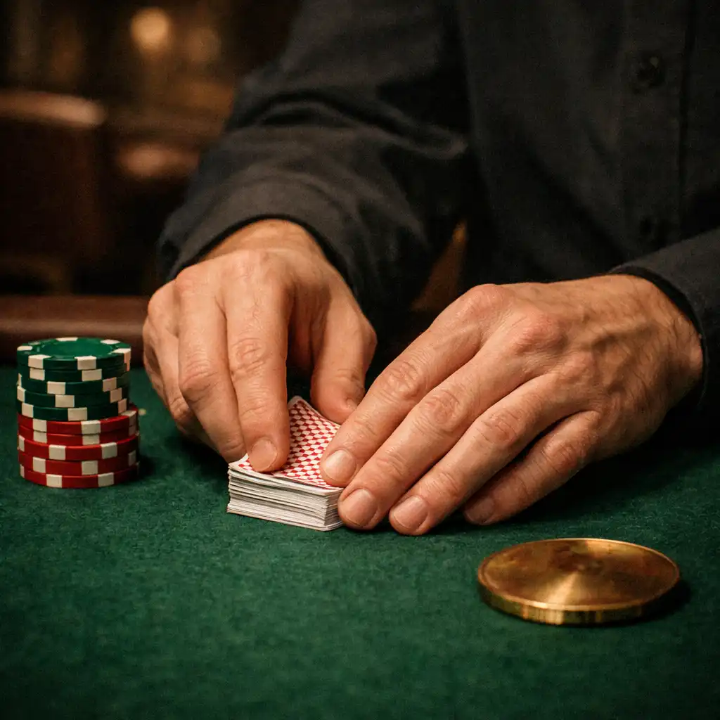 Dealer hands arranging cards and chips on dark green felt