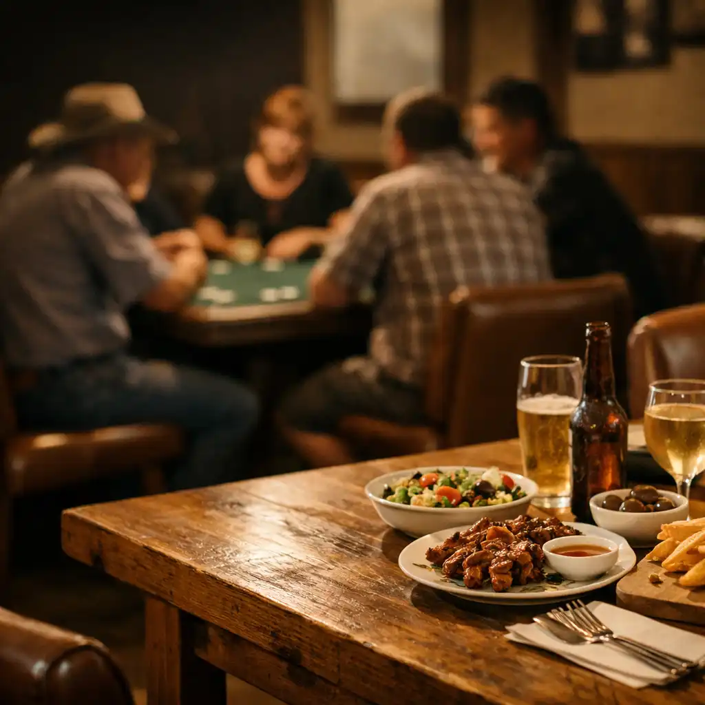 Shared plates on a timber table with a poker room gathering nearby