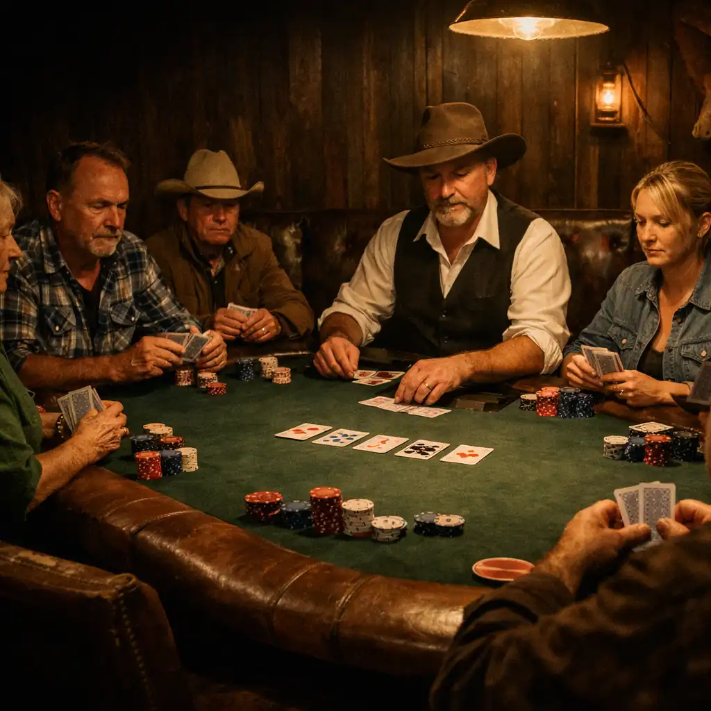 People gathered around a green felt poker table in the card room