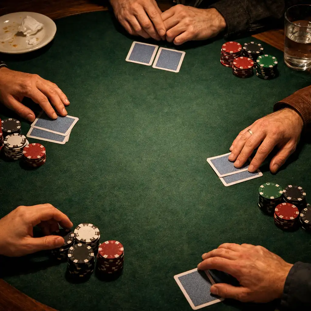 Hands and face-down cards on a green felt poker table