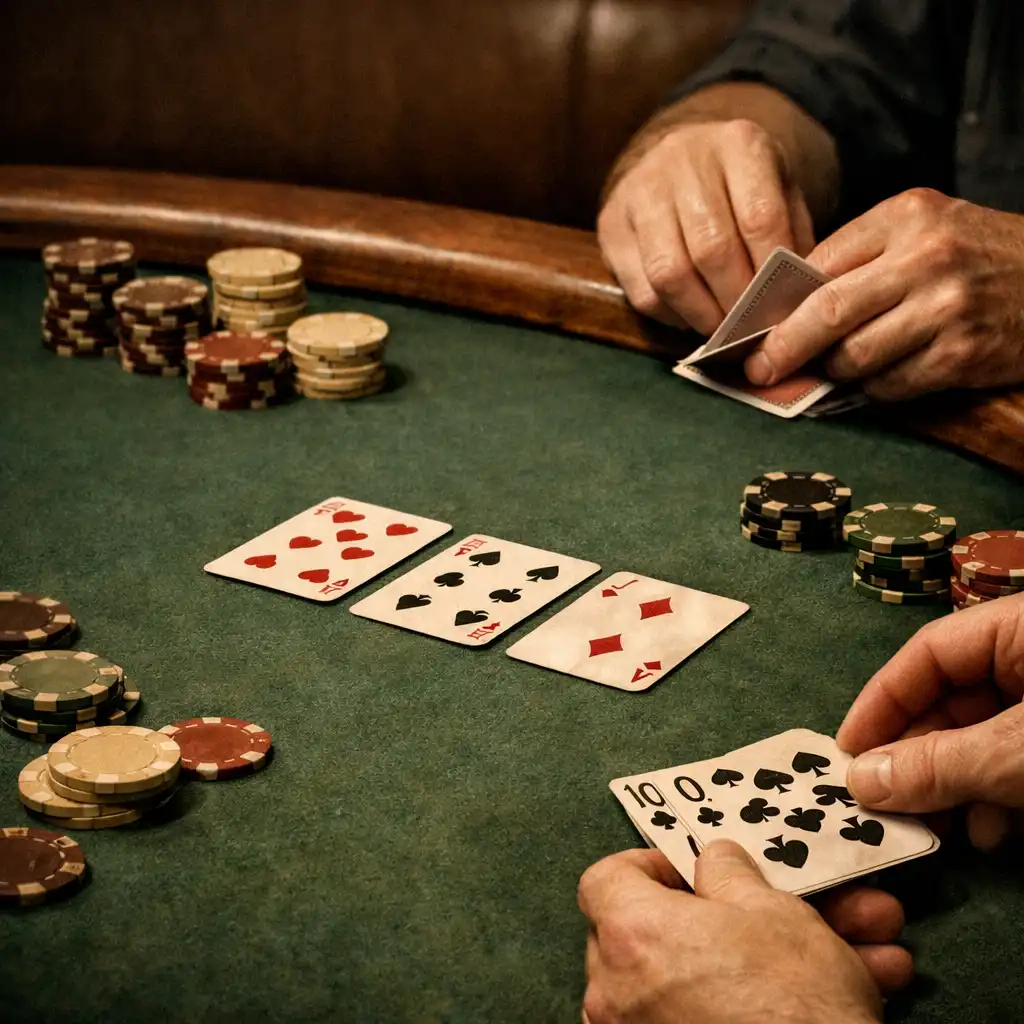 Adult hands arranging cards and chips on dark green felt at a physical poker table