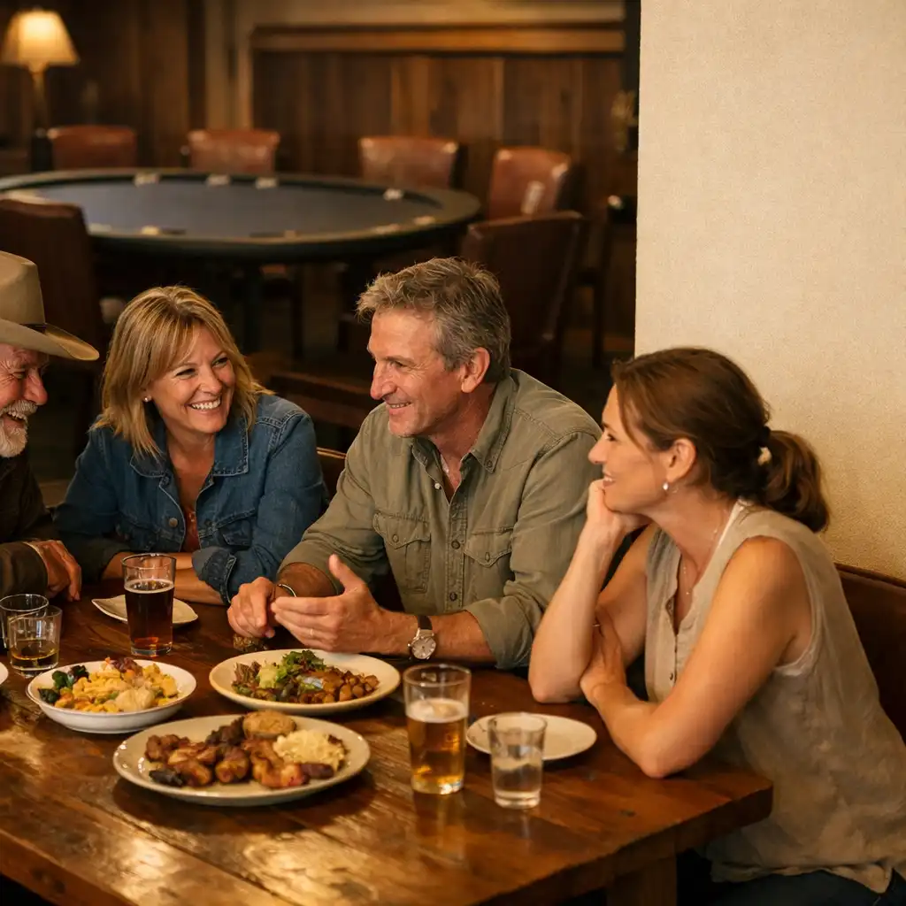 Guests in conversation around a timber dining table with the poker room visible beyond