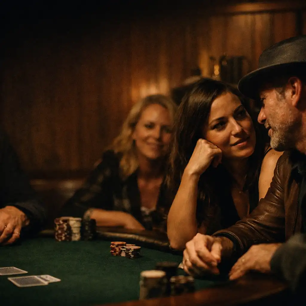 Guests talking together around a dark felt private poker table