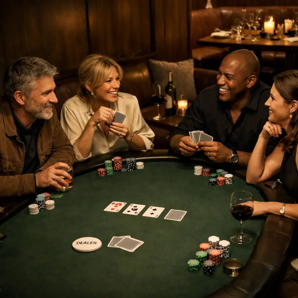 A small group gathered around a poker table in a warm timber and leather venue.