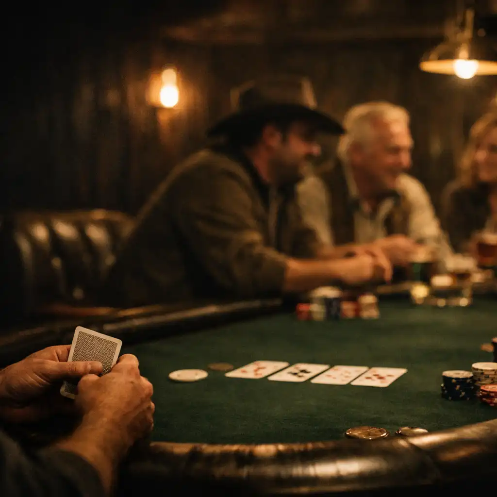 Hands holding cards around a dark felt poker table in the luckypullse card room