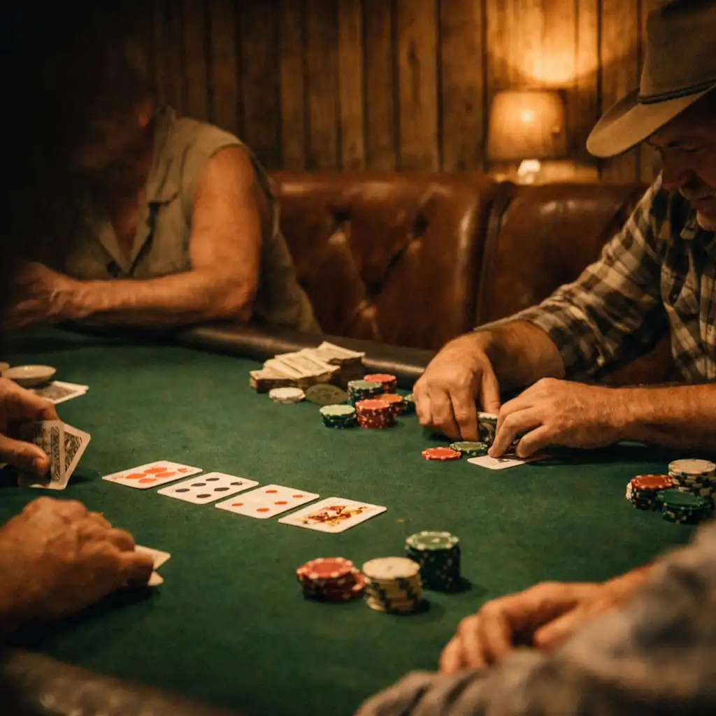 Hands arranging cards and chips around a felt table in the luckypullse card room