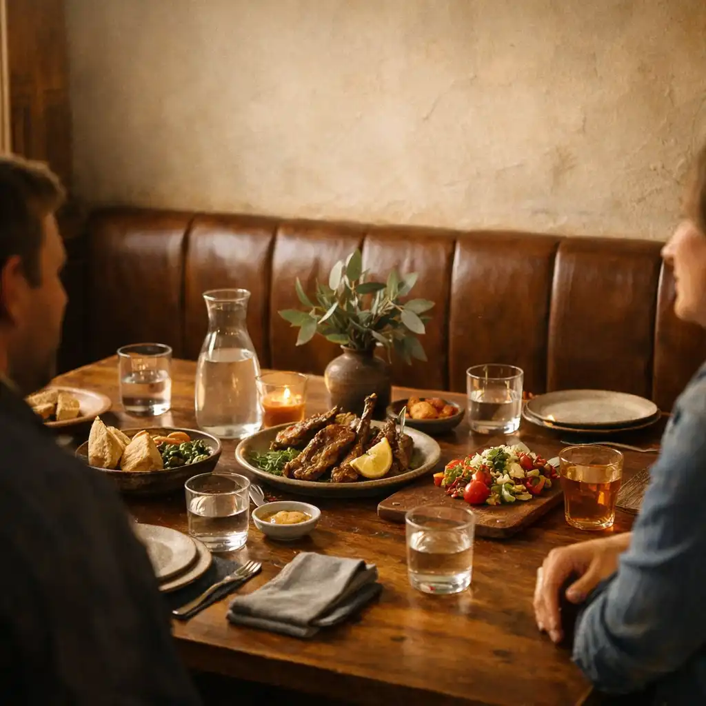 Warmly set timber dining table with shared plates and glasses at luckypullse