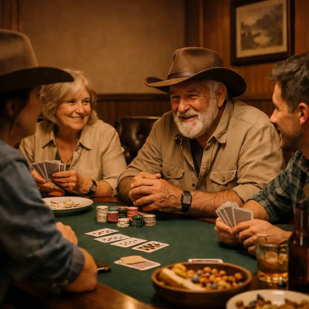 Small group talking around a felt poker table with shared dishes in a private club setting
