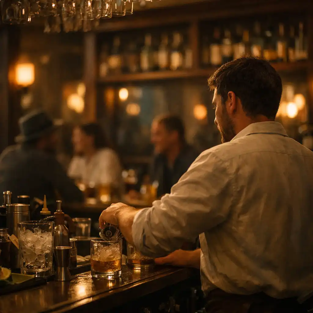 Warm evening bar with glassware and guests talking beyond