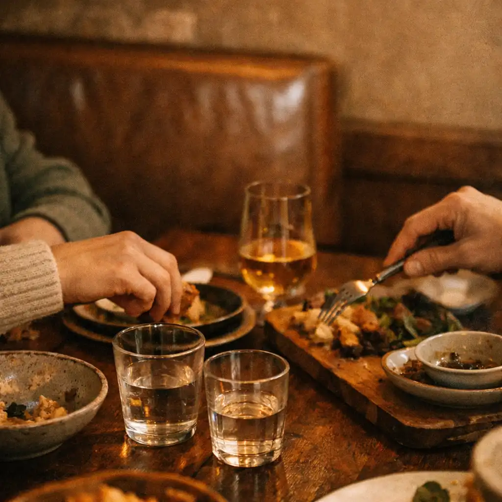 Hands reaching across a timber table with shared food and glassware