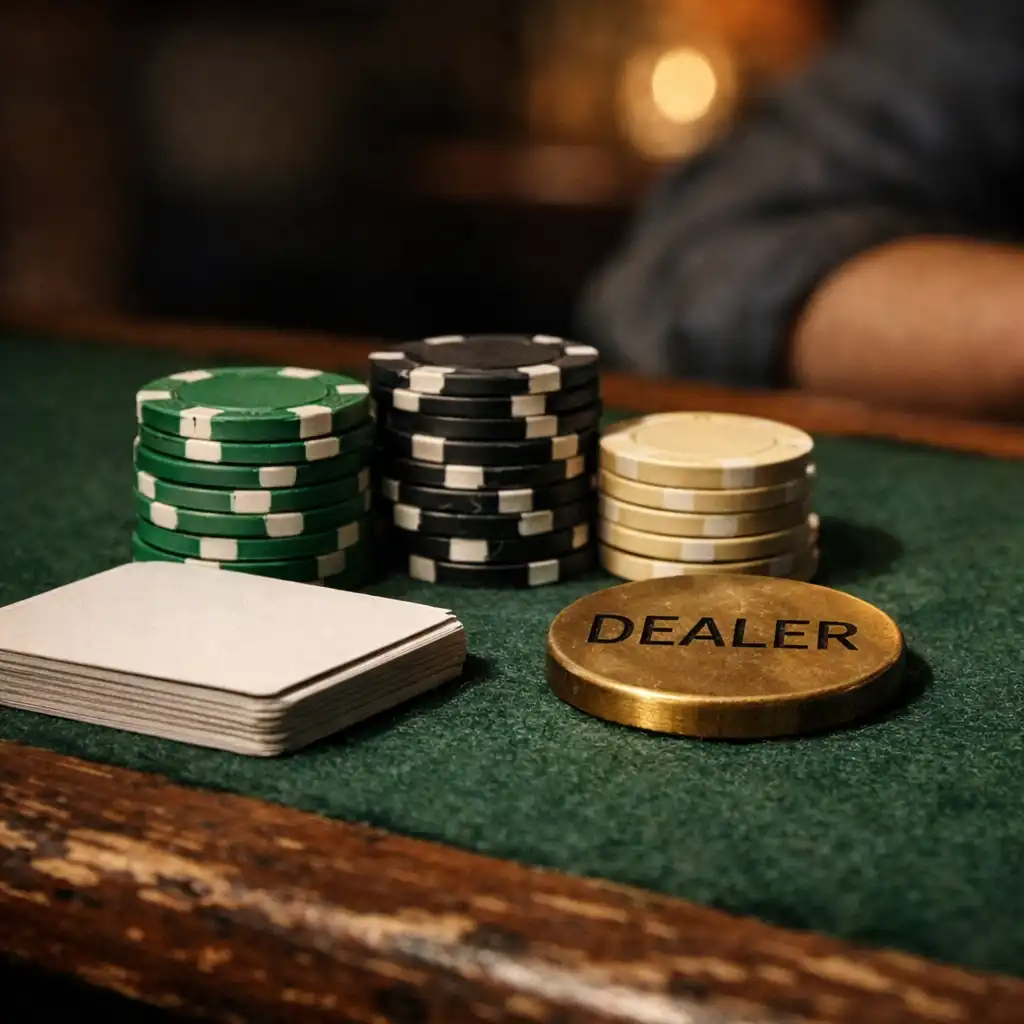Poker chips and blank-backed cards resting on dark green felt beside timber
