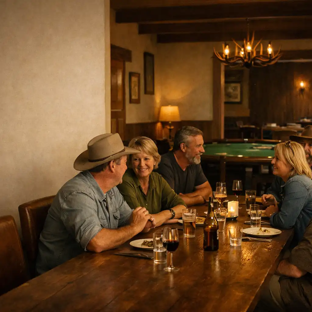 Friends talking around a timber dining table with a felt poker table deeper in the room