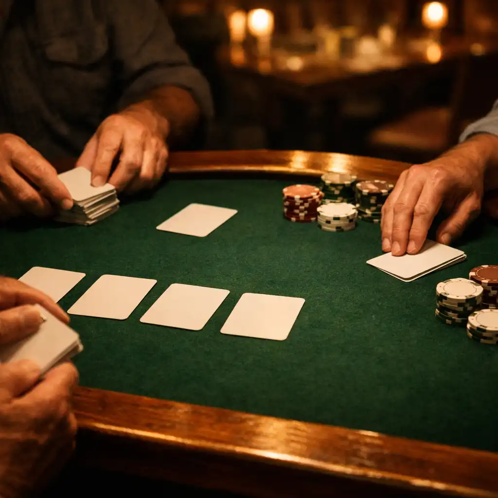 Hands arranging blank-backed cards and poker chips on a green felt table