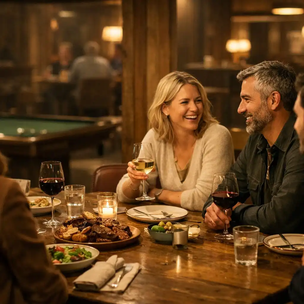 Adult diners sharing a warm table in a timber and leather restaurant setting.
