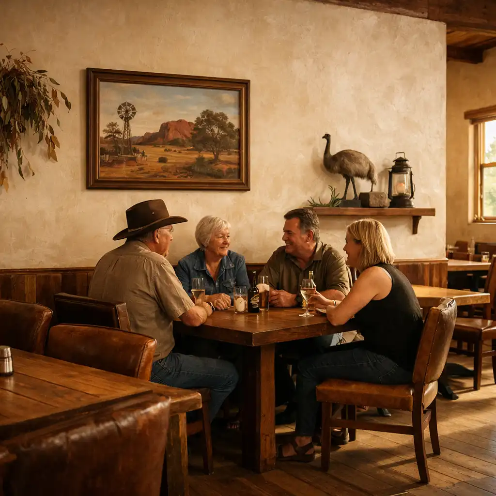 Timber dining tables and leather chairs in a warm restaurant setting