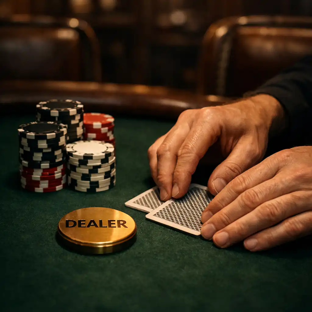 Hands arranging cards beside a dealer button and poker chips on green felt.