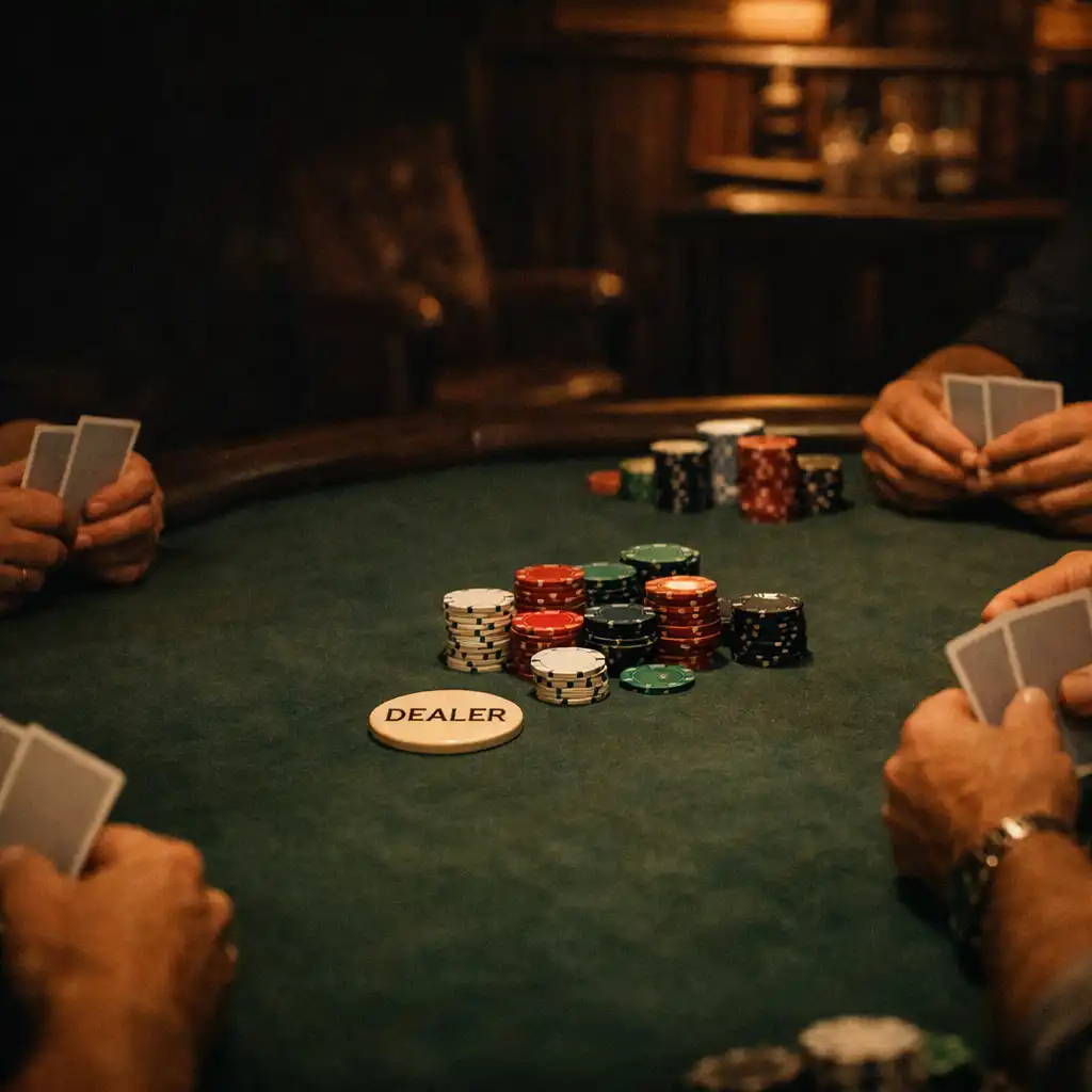 Hands holding cards around a dark felt Texas Hold'em table